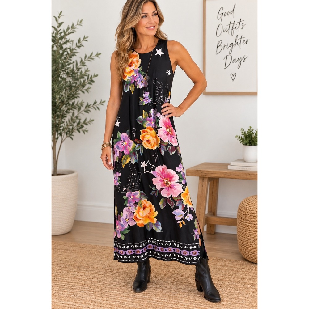 Johnny Was Karolina Tea Length Dress S Black Silk Blend Floral Celestial NWT